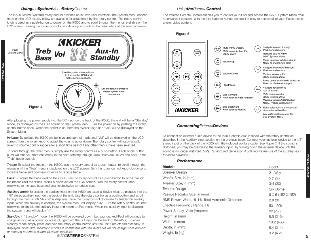 Kicker IK500 manual UsingtheSystemMenuRotaryControl, ConnectingExternalDevices, Performance 