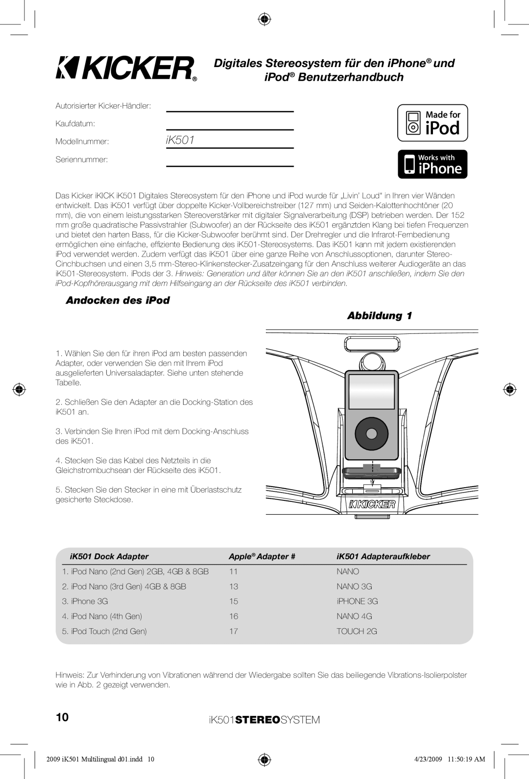 Kicker iK501 manual Andocken des iPod Abbildung, IK501 Dock Adapter Apple Adapter # IK501 Adapteraufkleber 