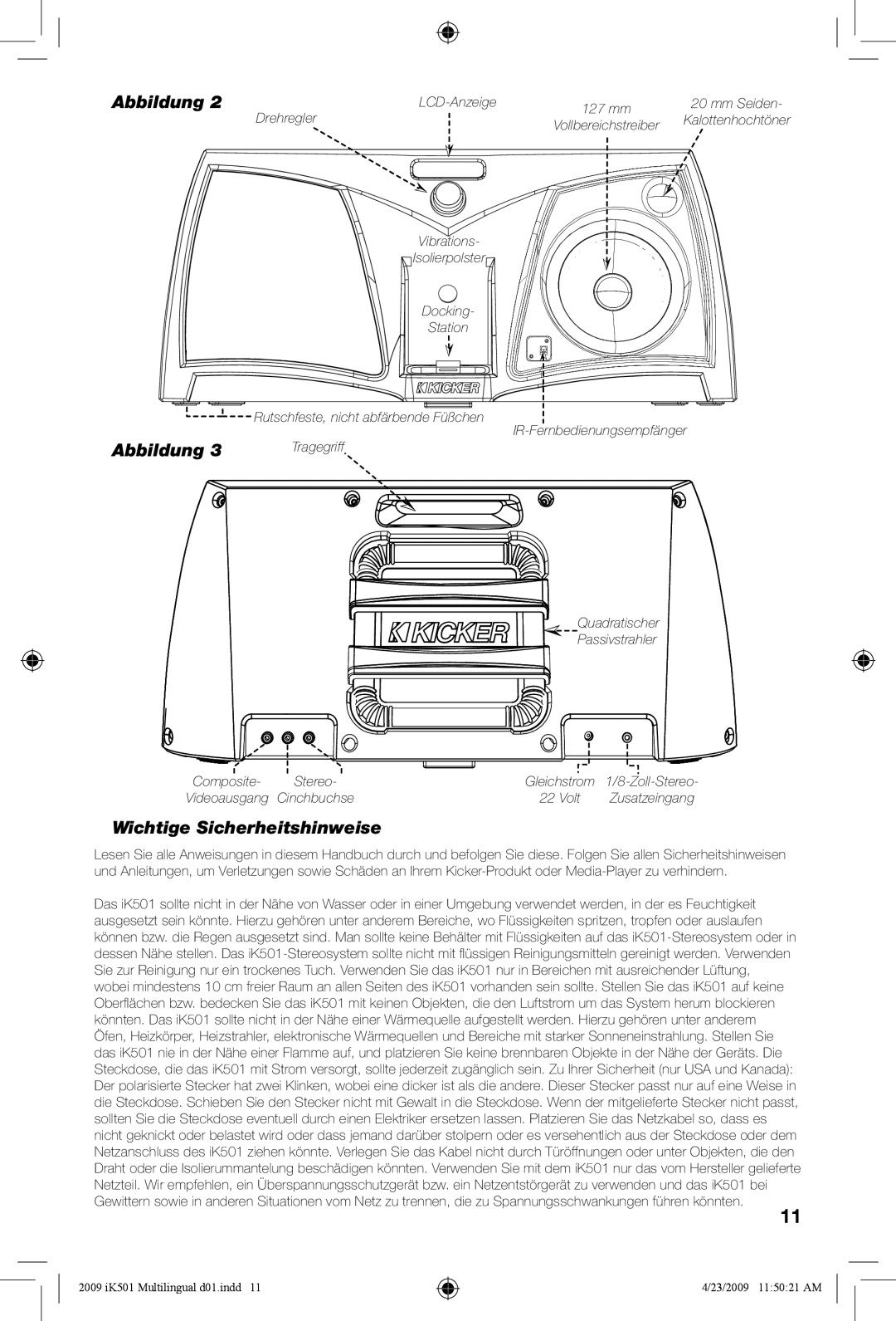 Kicker iK501 manual Wichtige Sicherheitshinweise 