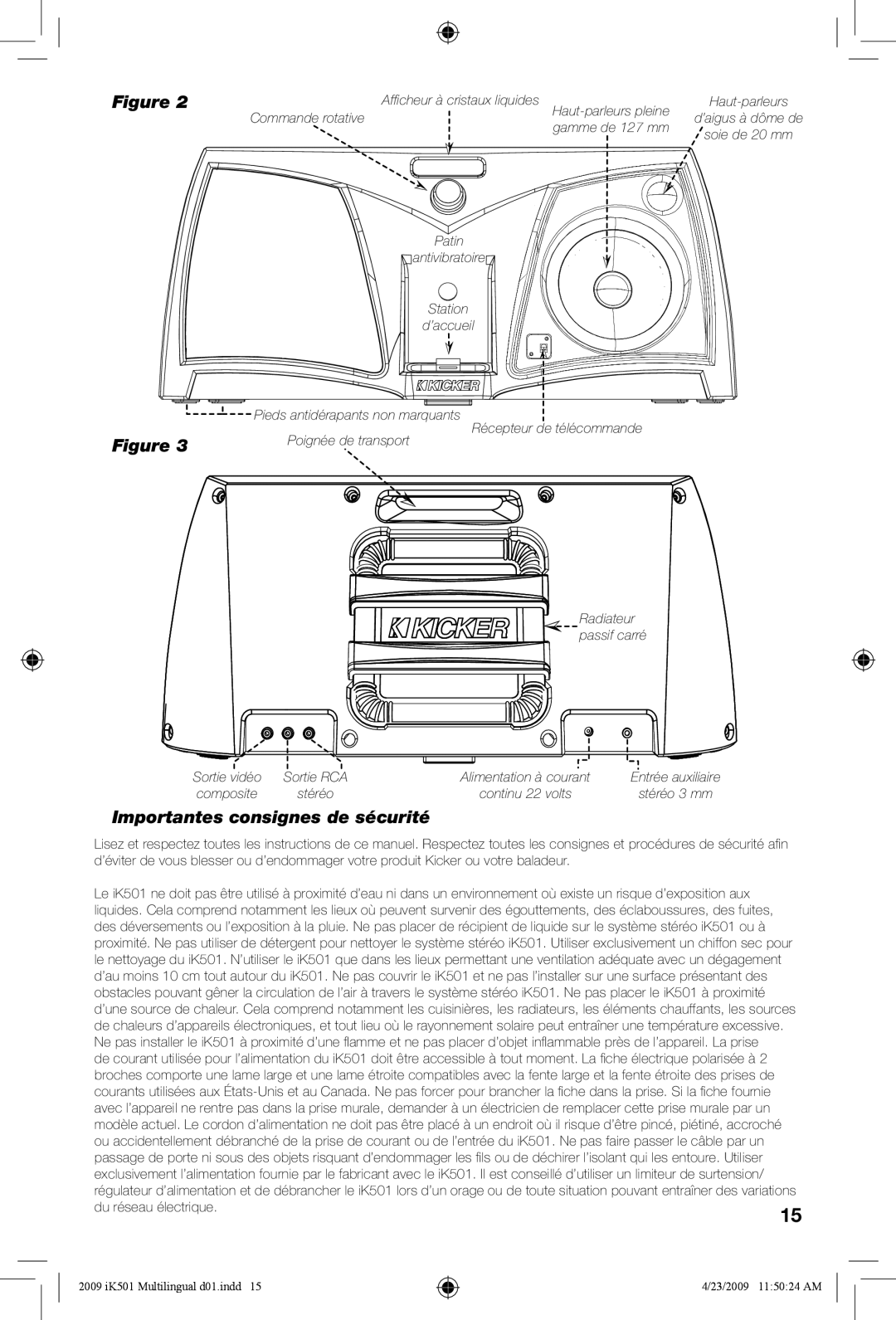 Kicker iK501 manual Importantes consignes de sécurité 