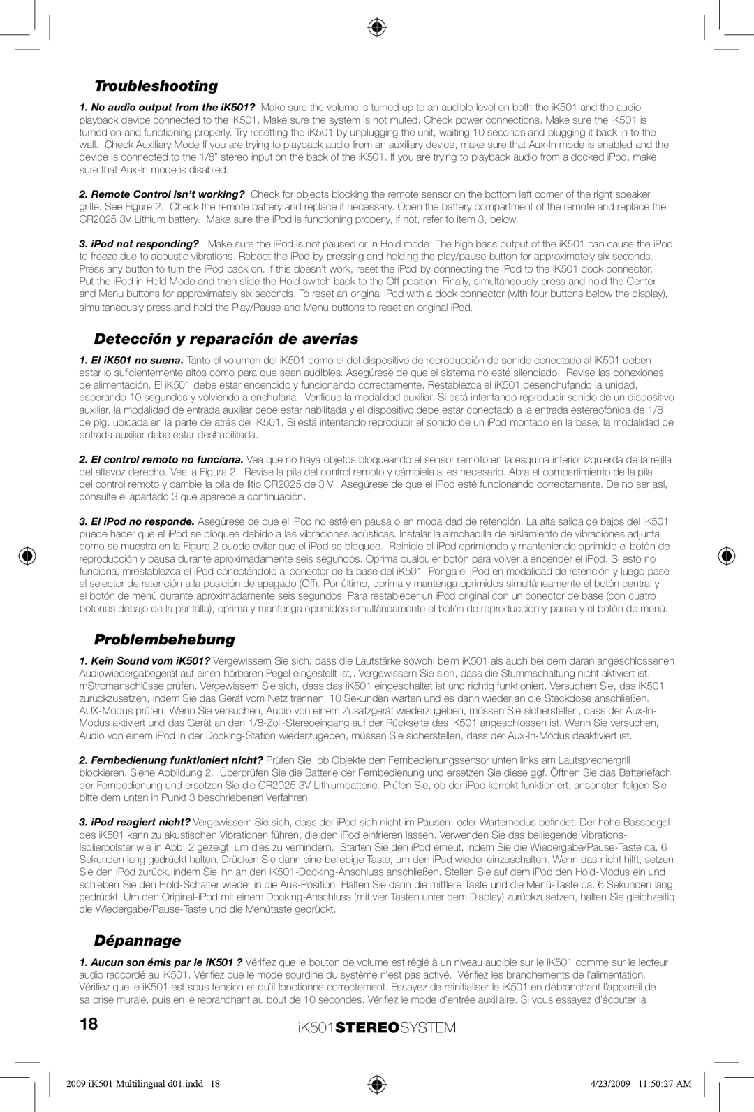 Kicker iK501 manual Troubleshooting, Detección y reparación de averías, Problembehebung, Dépannage 