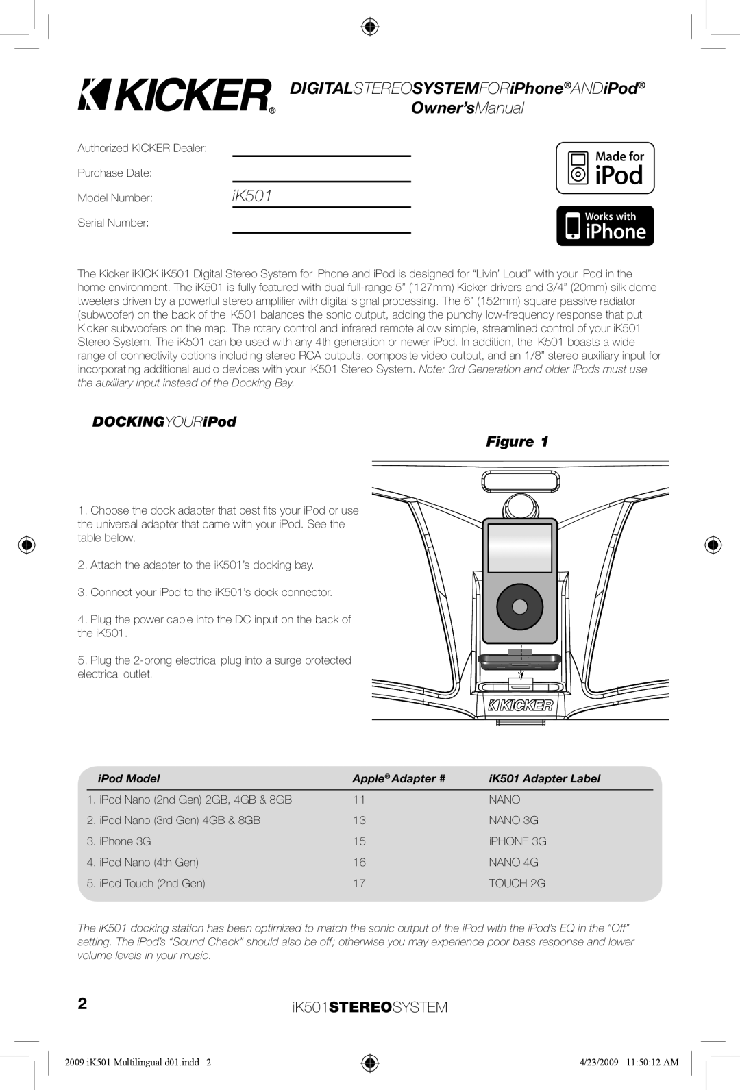 Kicker iK501 manual DOCKINGYOURiPod, IPod Model Apple Adapter # IK501 Adapter Label 