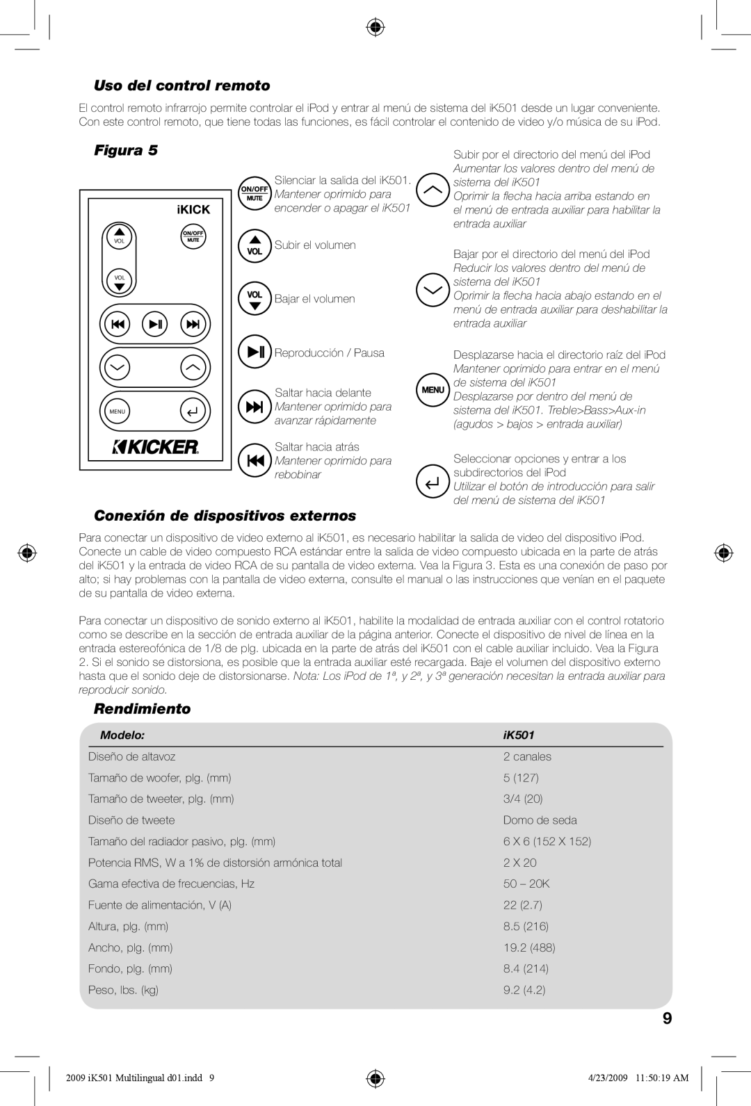 Kicker iK501 manual Uso del control remoto, Conexión de dispositivos externos, Rendimiento, Modelo IK501 