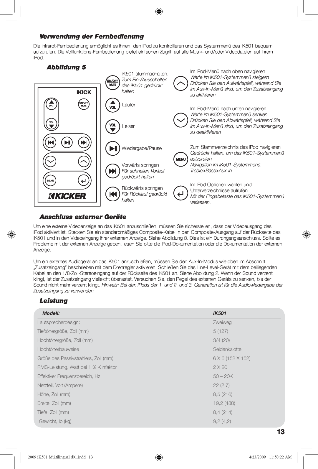 Kicker iK501 manual Verwendung der Fernbedienung, Anschluss externer Geräte, Leistung, Modell, Abbildung, iKICK 