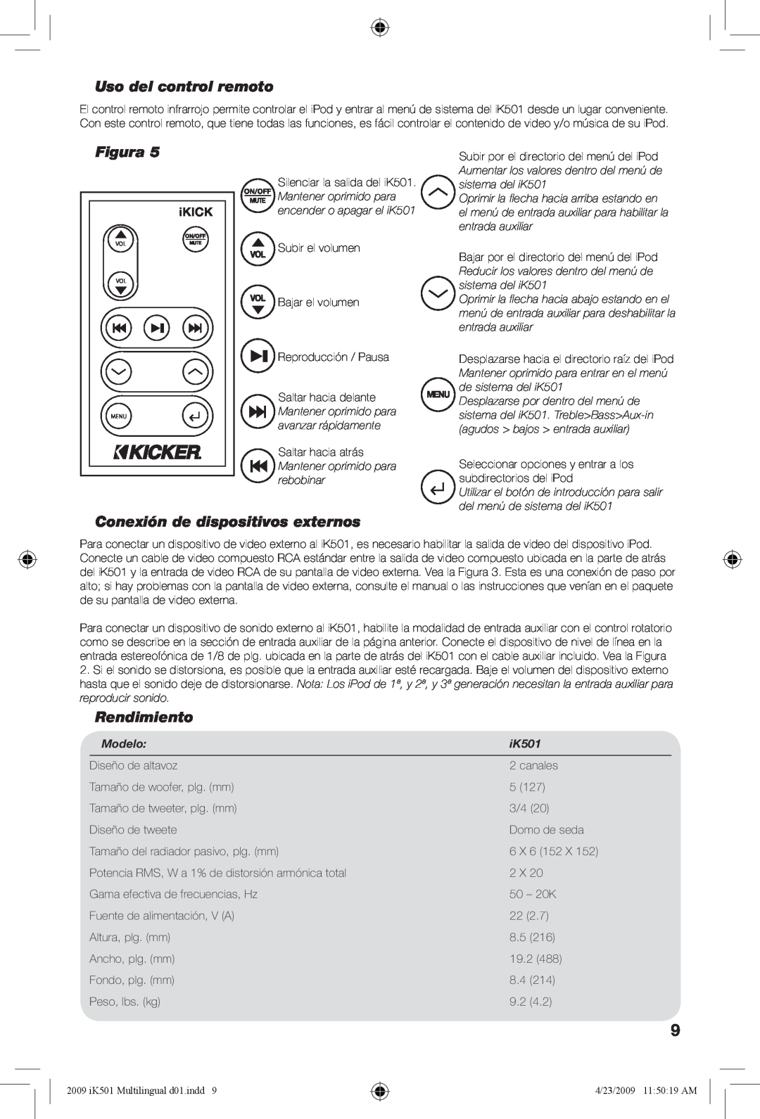 Kicker iK501 manual Uso del control remoto, Conexión de dispositivos externos, Rendimiento, iKICK, Modelo, Figura 