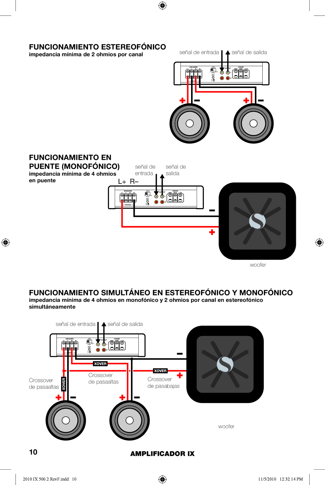 Kicker IX500.2 manual Funcionamiento Estereofónico, Funcionamiento Simultáneo EN Estereofónico Y Monofónico 
