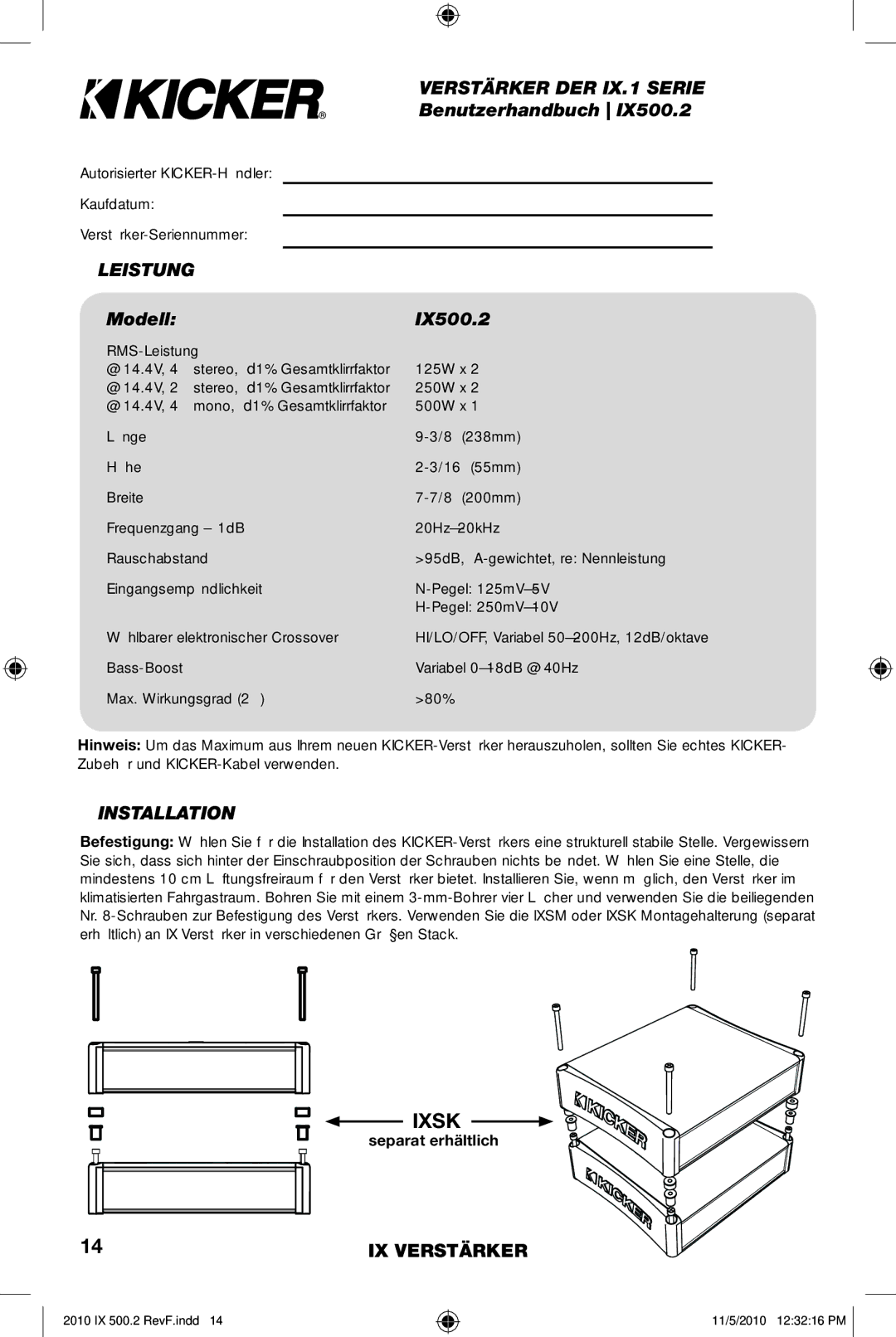 Kicker manual Verstärker DER IX.1 Serie, Benutzerhandbuch, Leistung, Modell IX500.2 