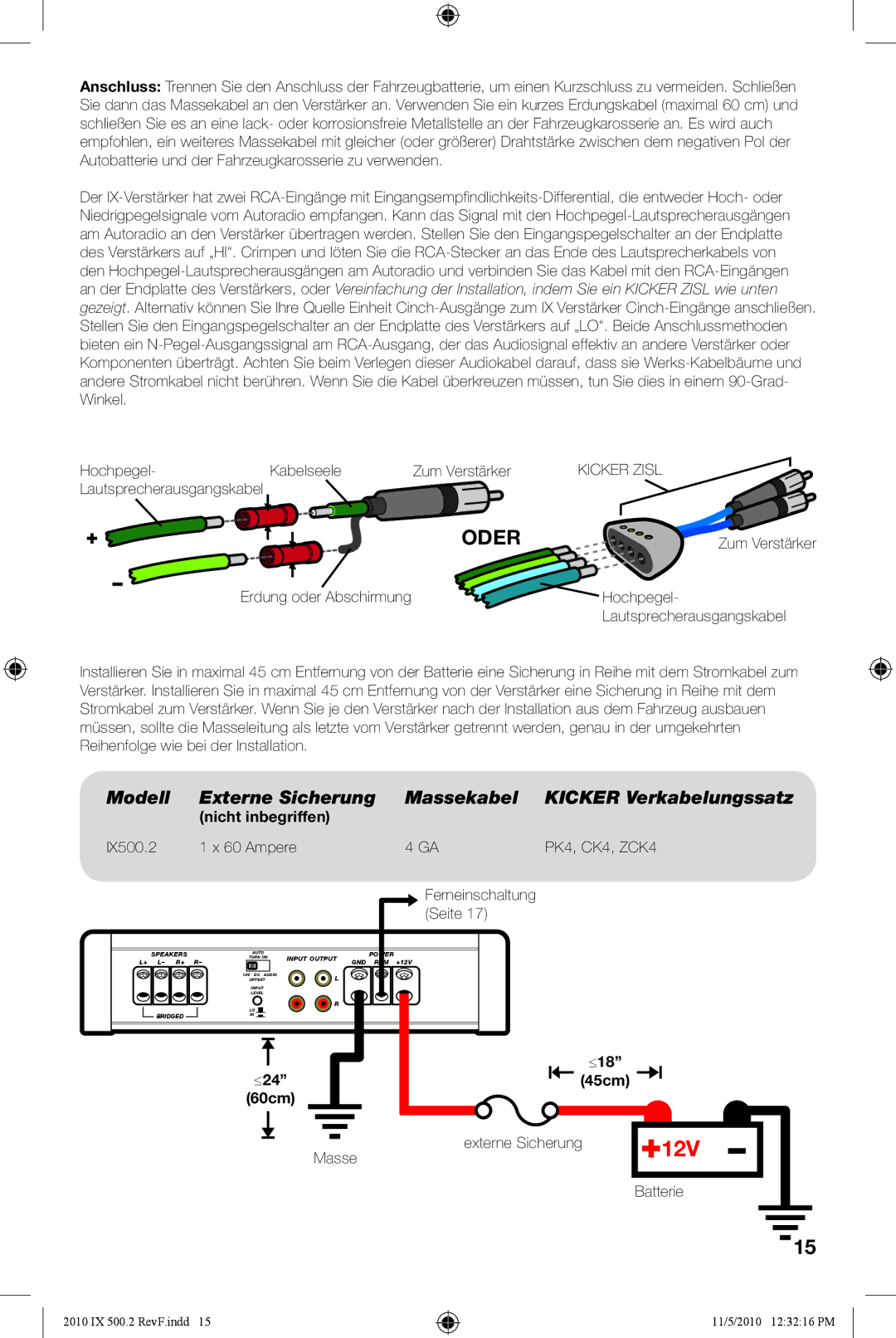 Kicker IX500.2 manual Oder, Modell Externe Sicherung Massekabel Kicker Verkabelungssatz 