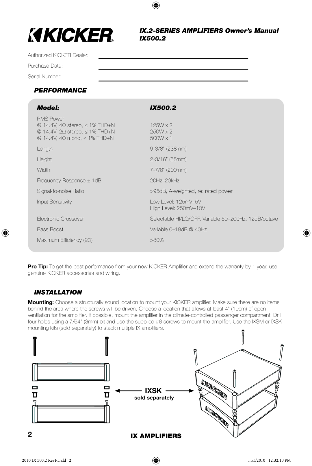 Kicker manual Ixsk, Performance, Model IX500.2, Installation 