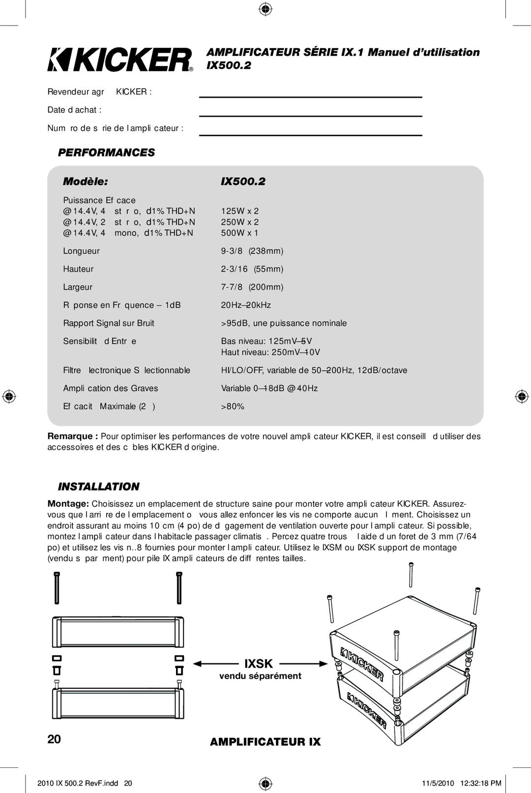 Kicker manual Amplificateur Série IX.1 Manuel d’utilisation, Performances, Modèle IX500.2 