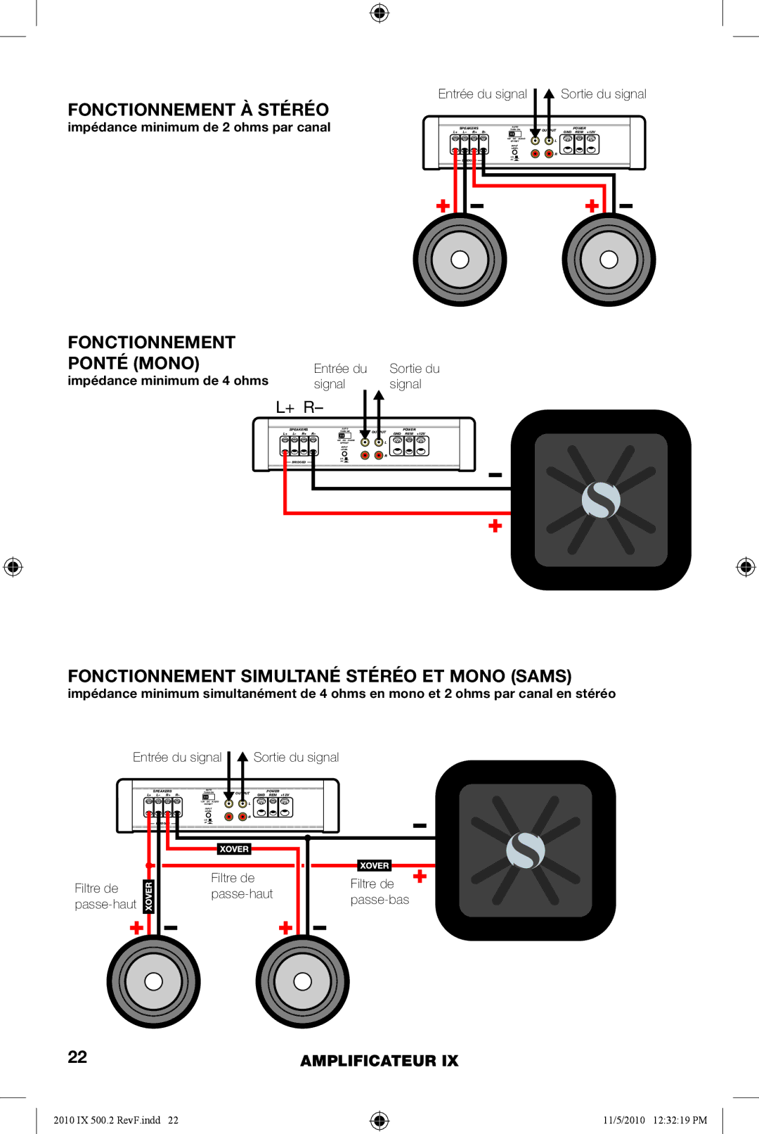 Kicker IX500.2 manual Fonctionnement À Stéréo, Fonctionnement Simultané Stéréo ET Mono Sams 