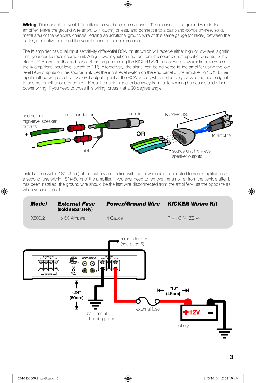 Kicker IX500.2 manual Model External Fuse Power/Ground Wire, Kicker Wiring Kit 