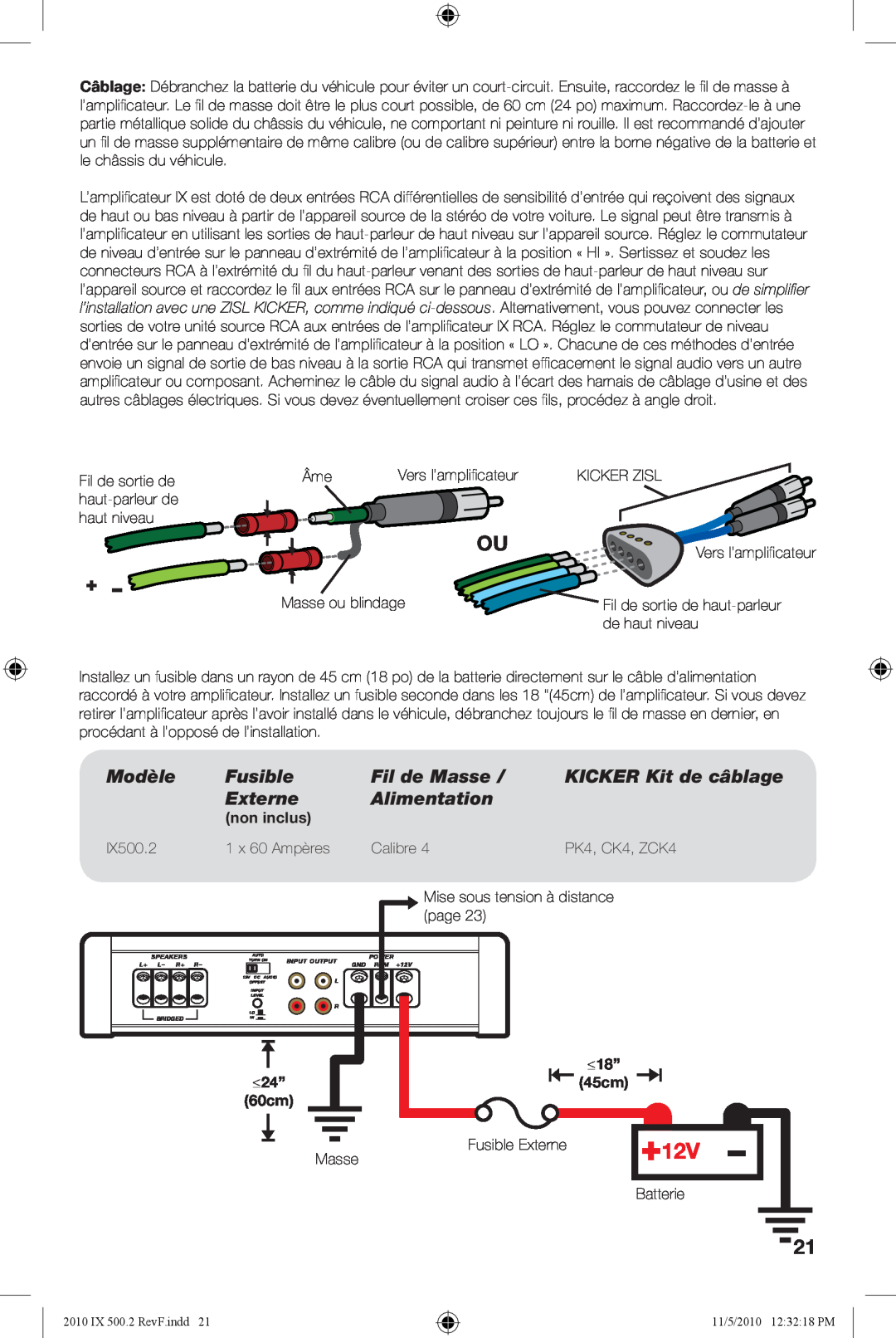Kicker IX500.2 manual Fil de Masse, KICKER Kit de câblage, Externe, Alimentation, Modèle, Fusible 