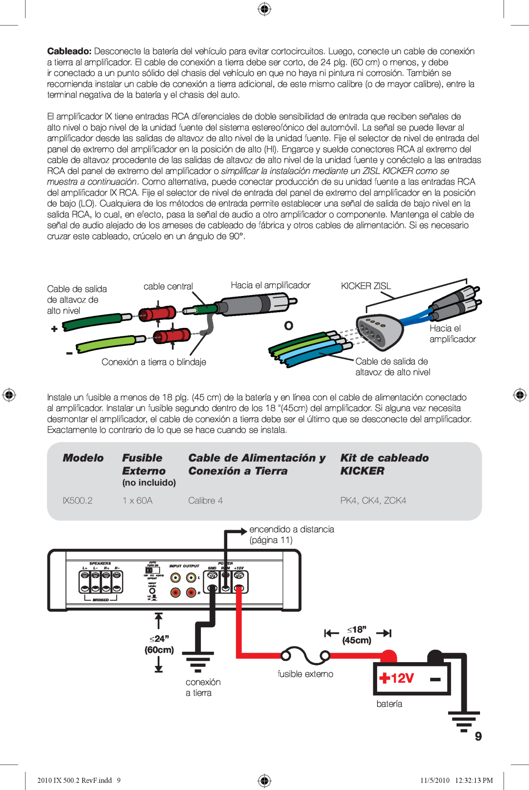 Kicker IX500.2 manual Modelo, Fusible, Cable de Alimentación y, Kit de cableado, Externo, Conexión a Tierra, Kicker 