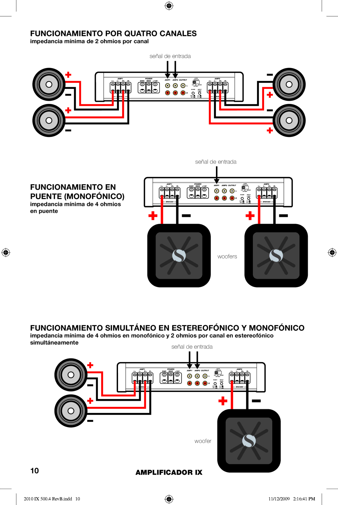 Kicker 10IX500.4 manual Funcionamiento POR Quatro Canales, Funcionamiento EN Puente Monofónico 