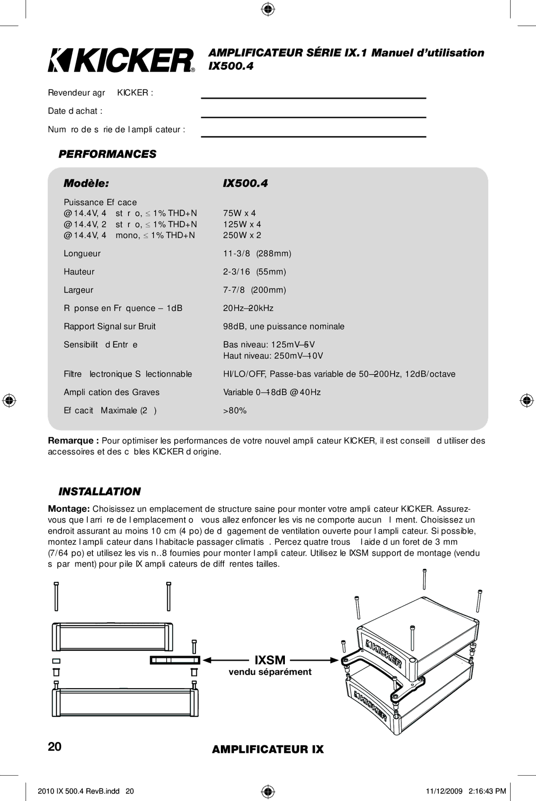 Kicker 10IX500.4 manual Amplificateur Série IX.1 Manuel d’utilisation, Performances, Modèle IX500.4, Vendu séparément 