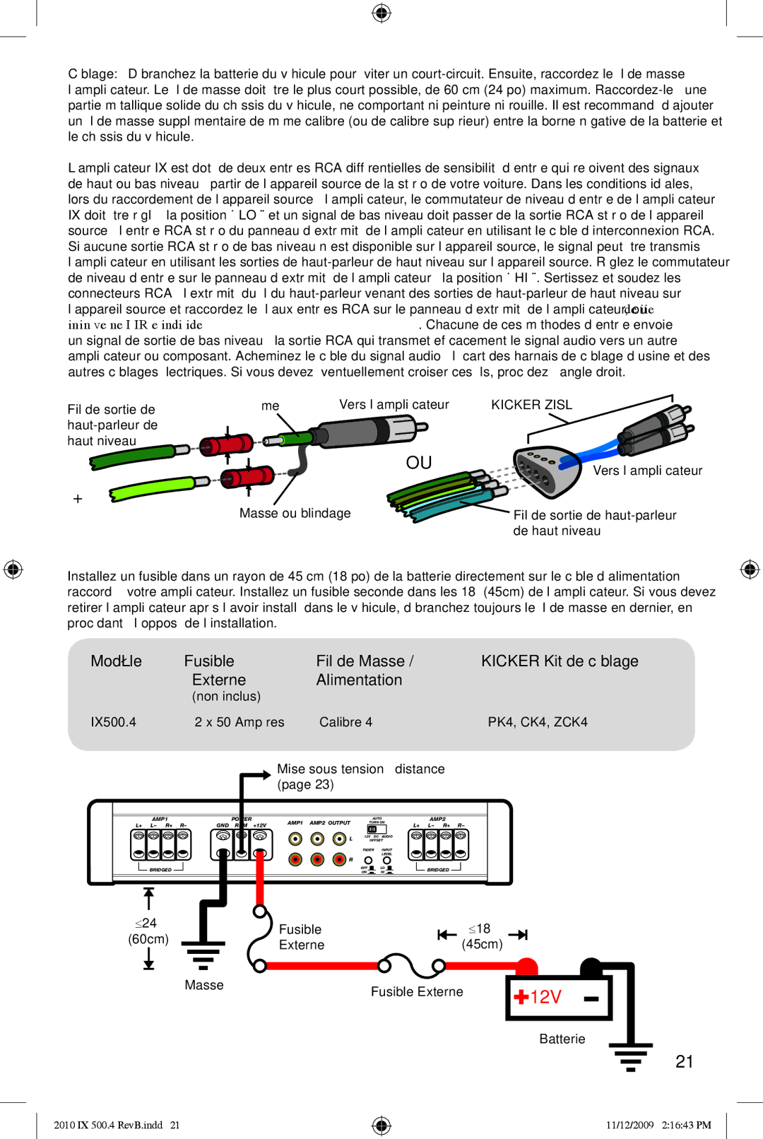 Kicker 10IX500.4 manual Âme, Masse ou blindage, Vers l’ampliﬁ cateur 