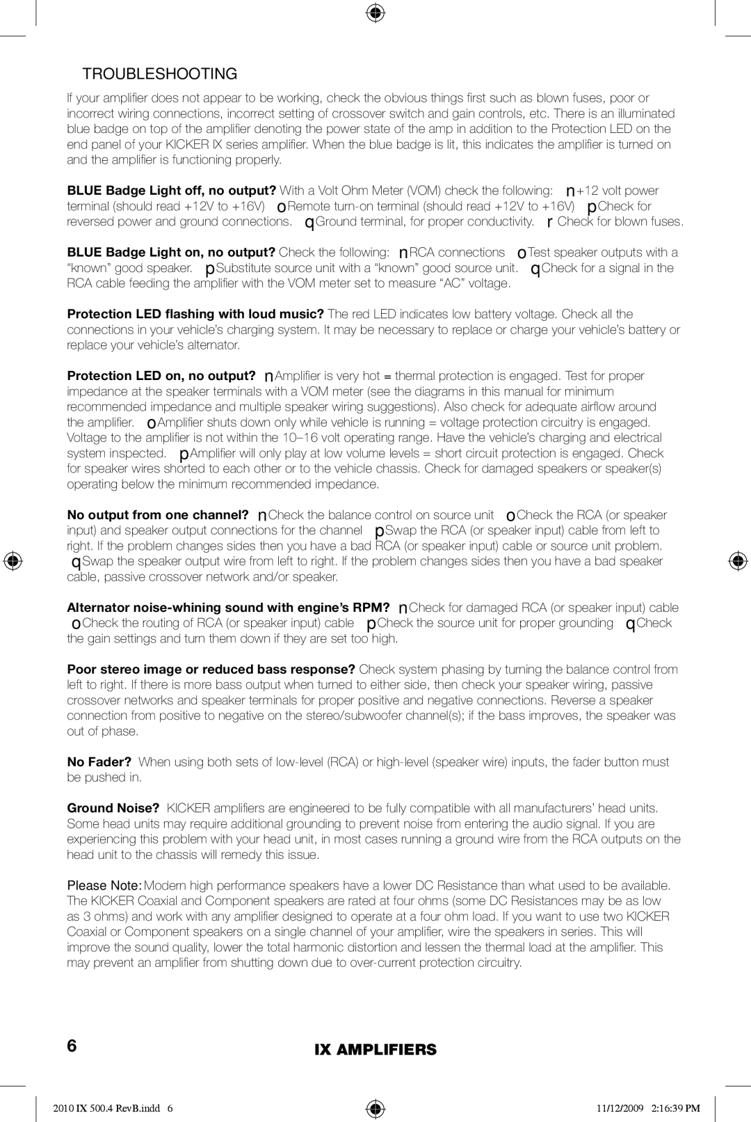 Kicker 10IX500.4 manual Troubleshooting 