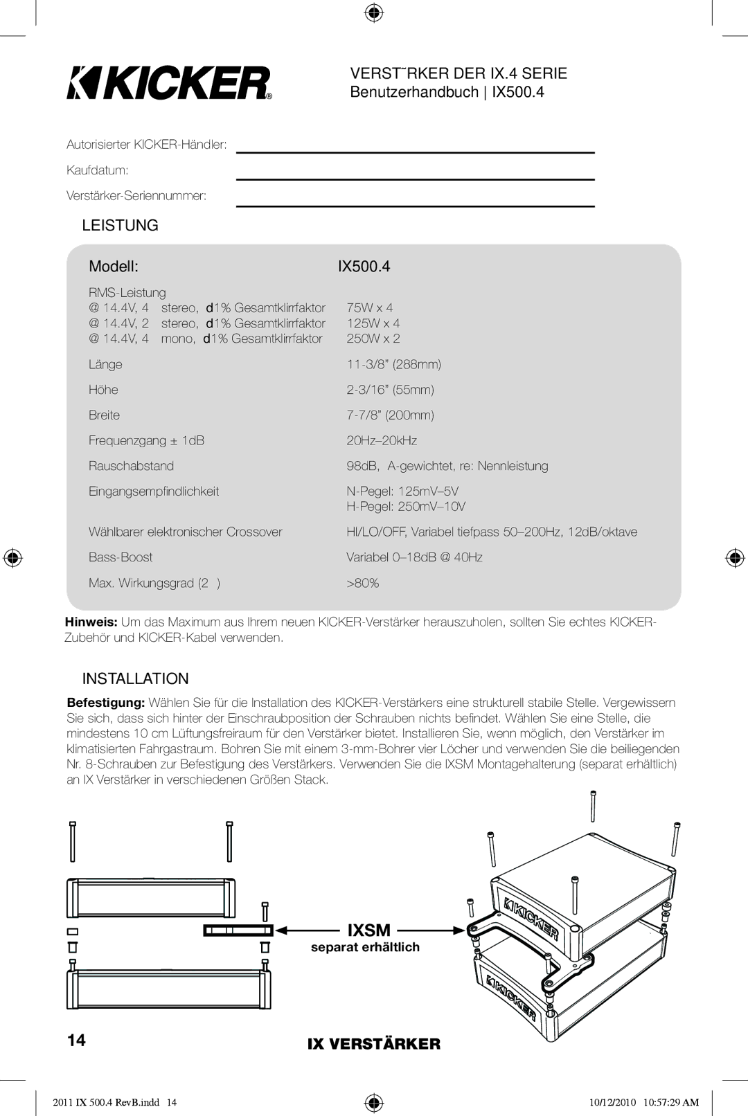 Kicker manual Verstärker DER IX.4 Serie, Benutzerhandbuch, Leistung, Modell IX500.4, Separat erhältlich 