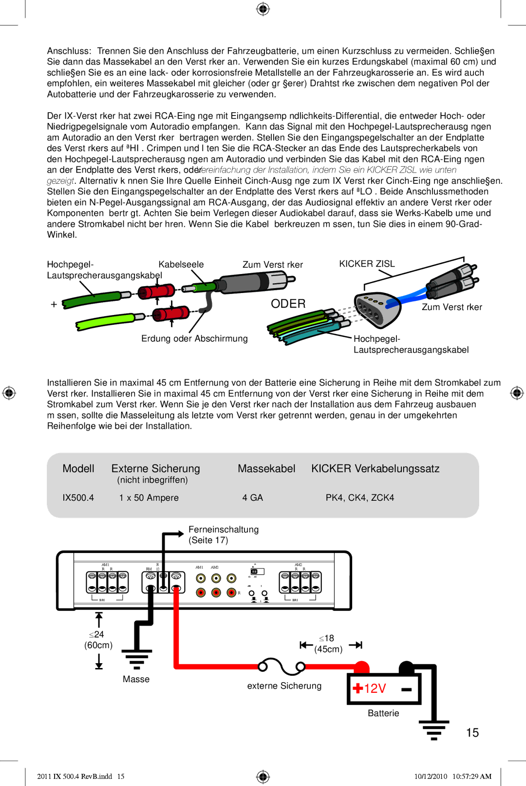 Kicker IX500.4 manual Oder, Modell Externe Sicherung Massekabel Kicker Verkabelungssatz, ≤18 