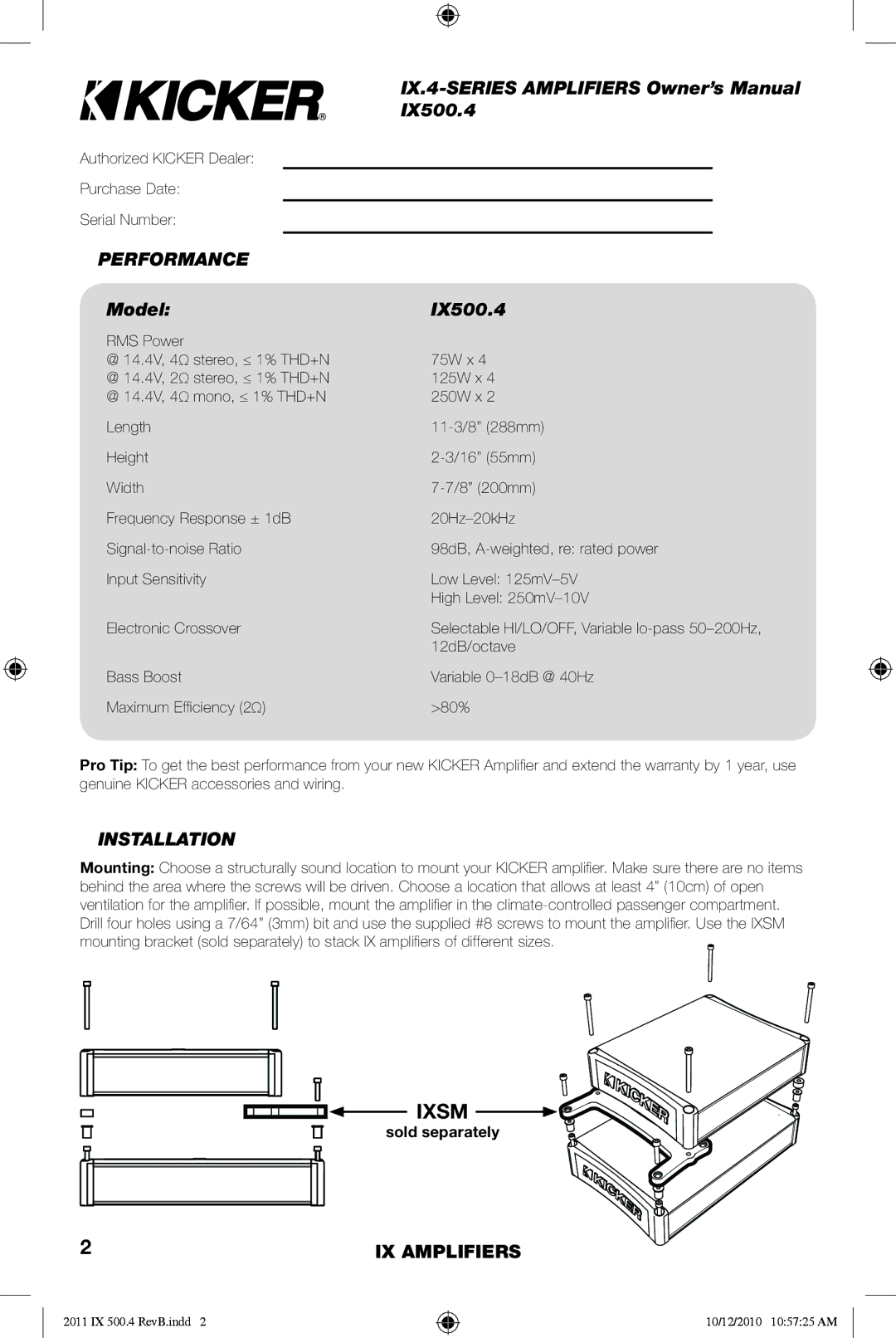 Kicker IX500.4 manual Ixsm, Performance, Model, Installation 