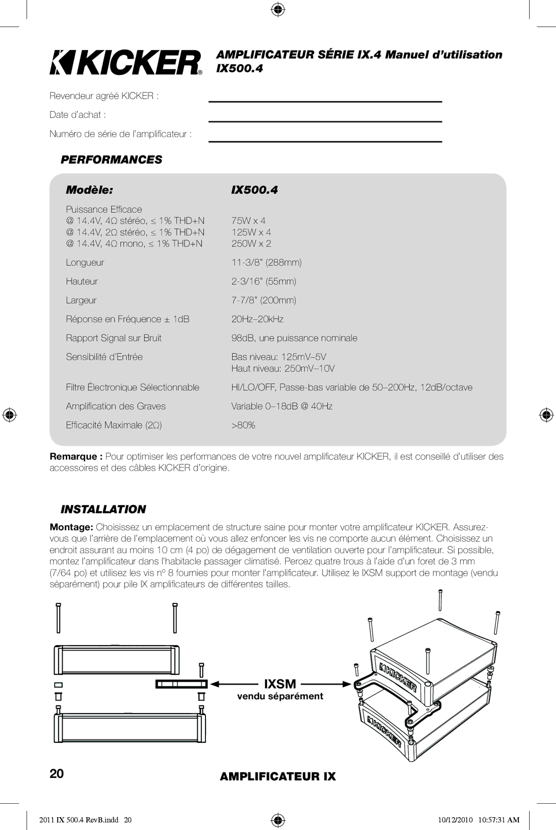 Kicker manual Amplificateur Série IX.4 Manuel d’utilisation, Performances, Modèle IX500.4, Vendu séparément 