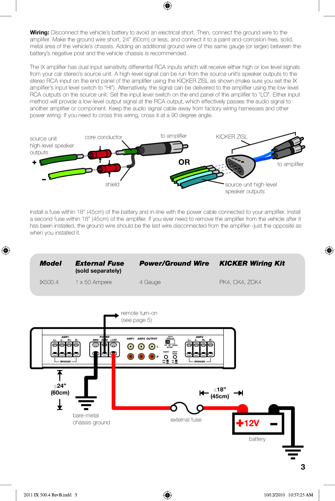 Kicker IX500.4 manual Model External Fuse Power/Ground Wire Kicker Wiring Kit 