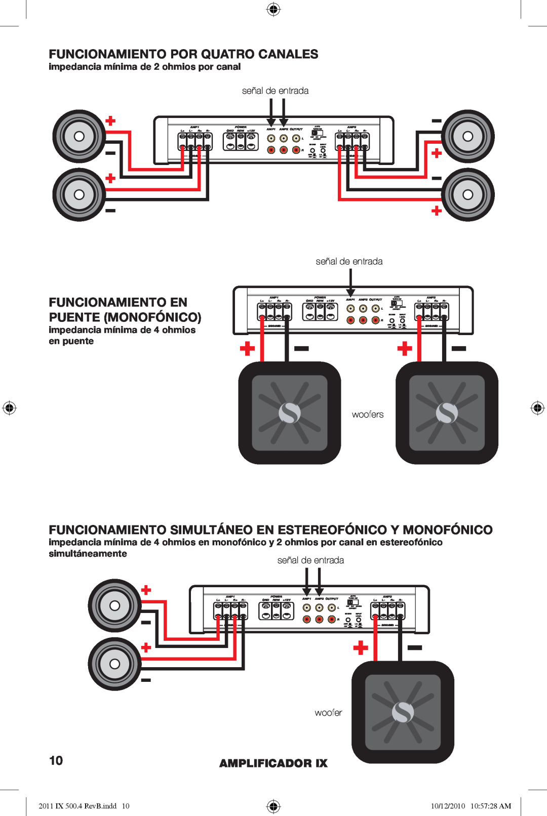 Kicker IX500.4 manual Funcionamiento Por Quatro Canales, Funcionamiento En Puente Monofónico, Amplificador 