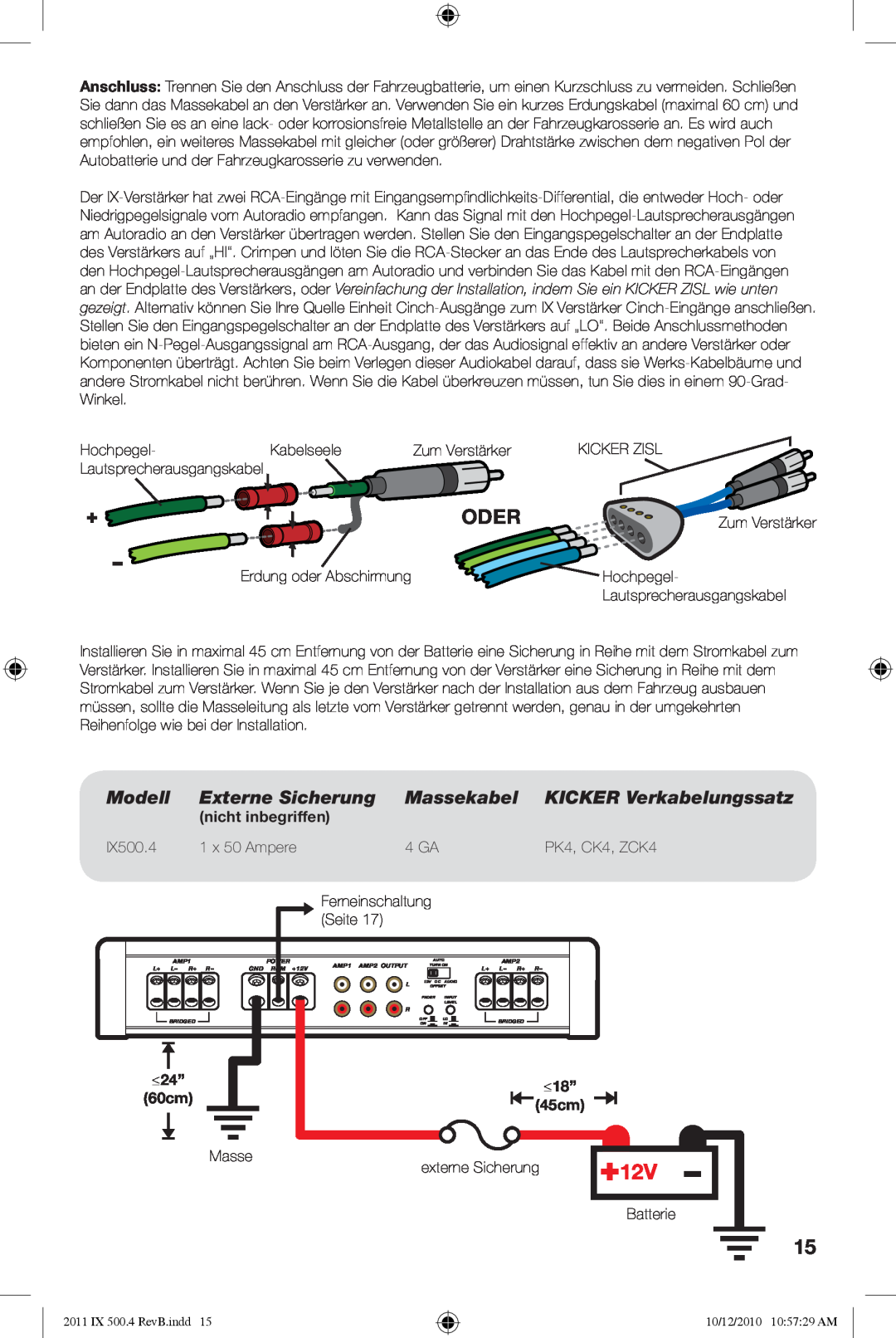 Kicker IX500.4 Oder, Externe Sicherung, Massekabel, KICKER Verkabelungssatz, nicht inbegriffen, 1 x 50 Ampere, 4 GA, Seite 