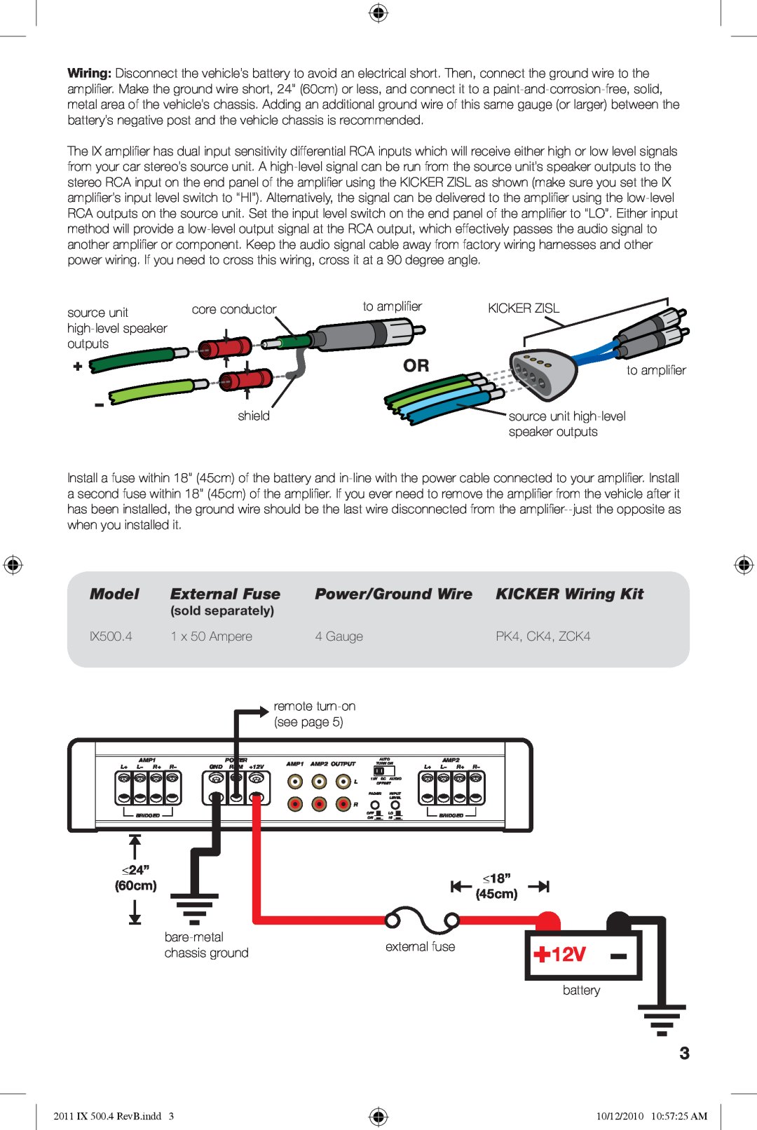 Kicker IX500.4 manual Model, External Fuse, Power/Ground Wire, KICKER Wiring Kit, remote turn-on, see page, ≤24”, ≤18” 