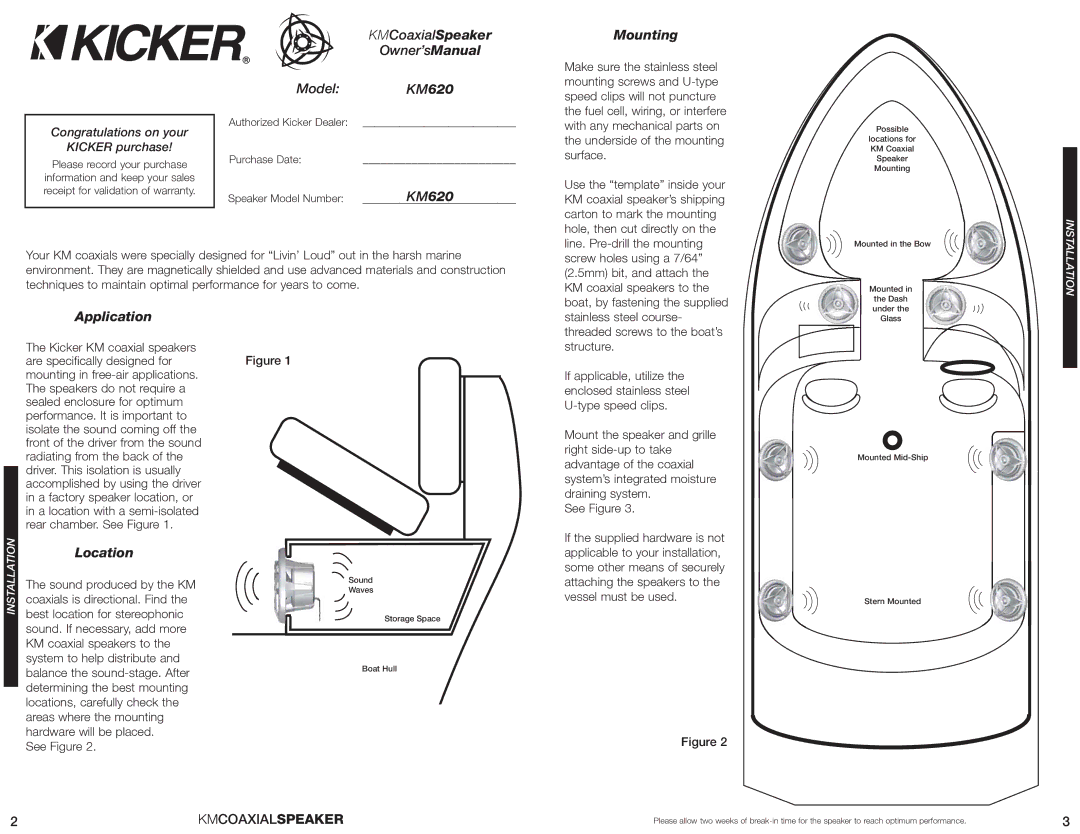 Kicker manual KMCoaxialSpeaker, Owner’sManual, Model KM620, Mounting, Application, Location 