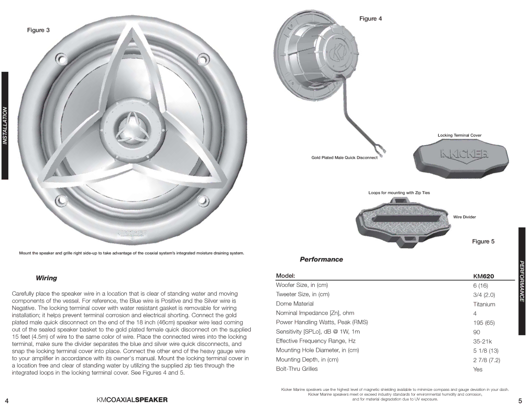 Kicker KM620 manual Wiring Performance, Model Woofer Size, in cm Tweeter Size, in cm Dome Material 