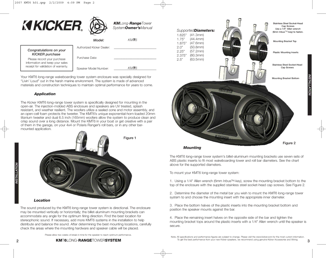 Kicker KMT6 manual SupportedDiameters, Application, Mounting, Location 