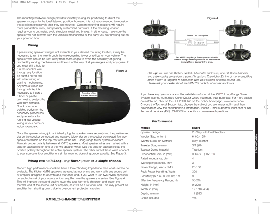 Kicker KMT6 manual Wiring, Performance 