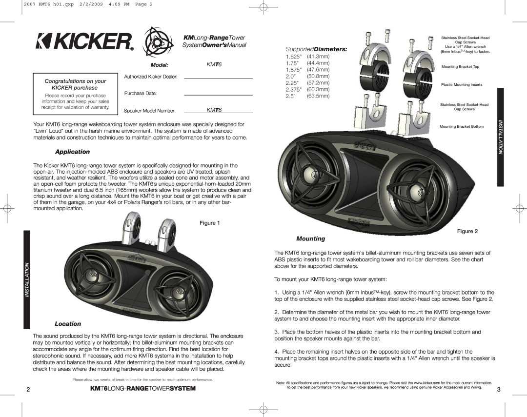 Kicker manual SupportedDiameters, Application, Mounting, Location, KMT6LONG-RANGETOWERSYSTEM, Model 