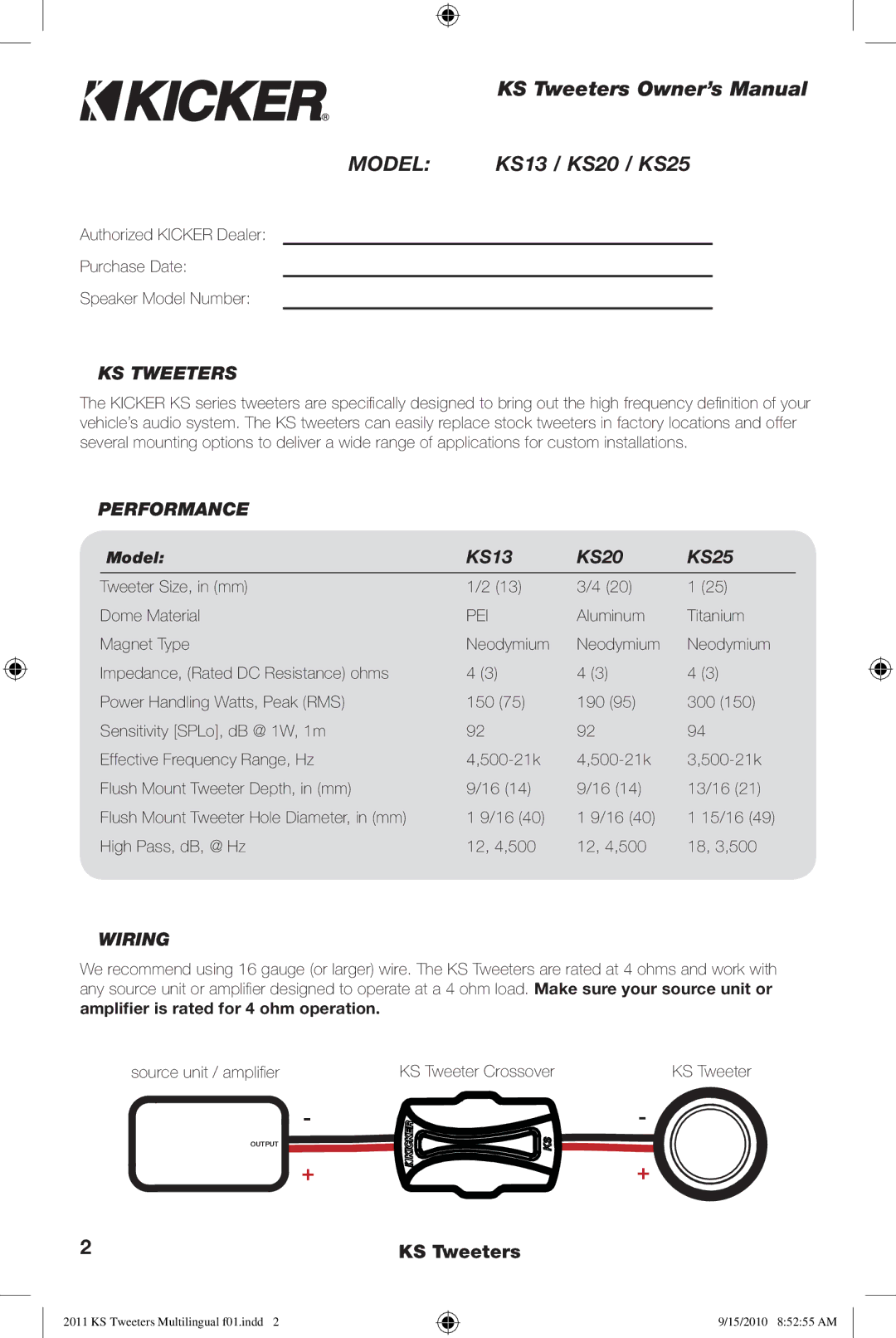 Kicker KS13 KS20 KS25 manuel dutilisation Model, KS Tweeters, Performance, Wiring 