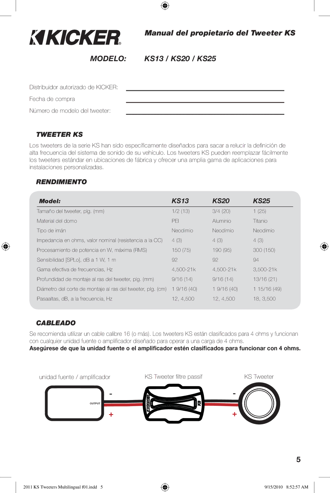 Kicker KS13 KS20 KS25 manuel dutilisation Modelo, Tweeter KS, Rendimiento, Cableado 