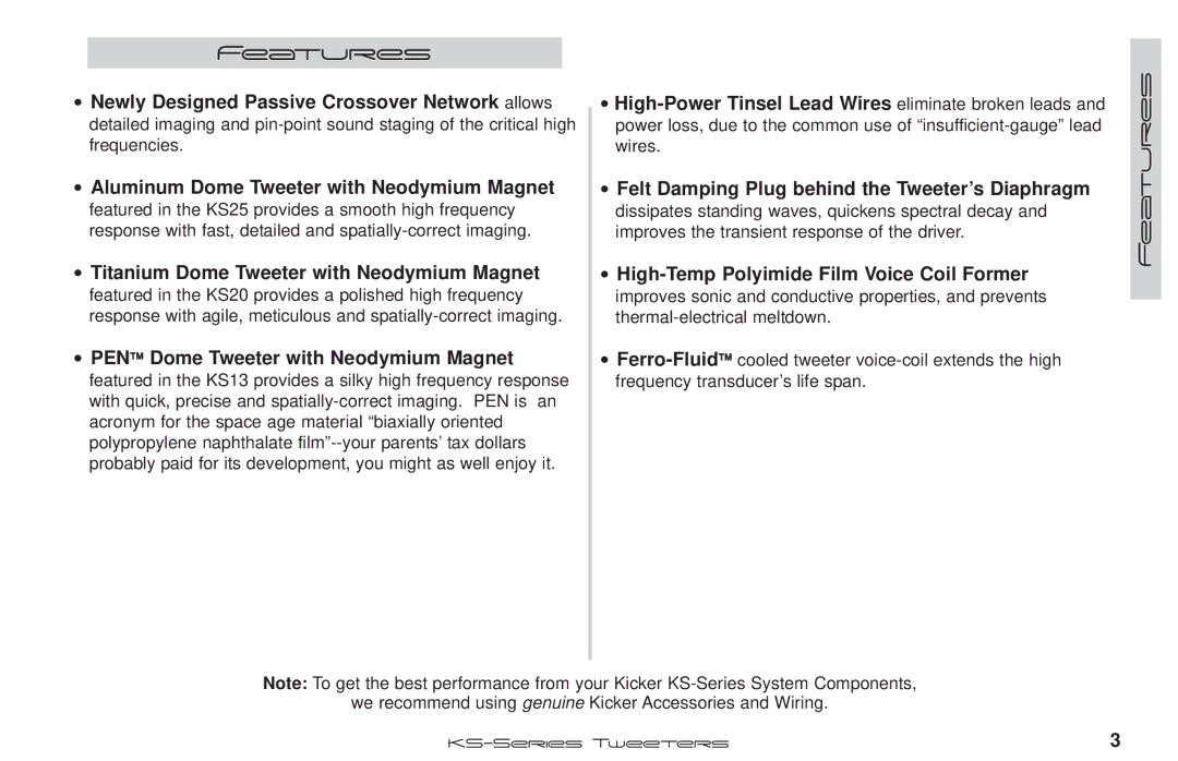 Kicker KS25, KS20, KS13 manual Features 