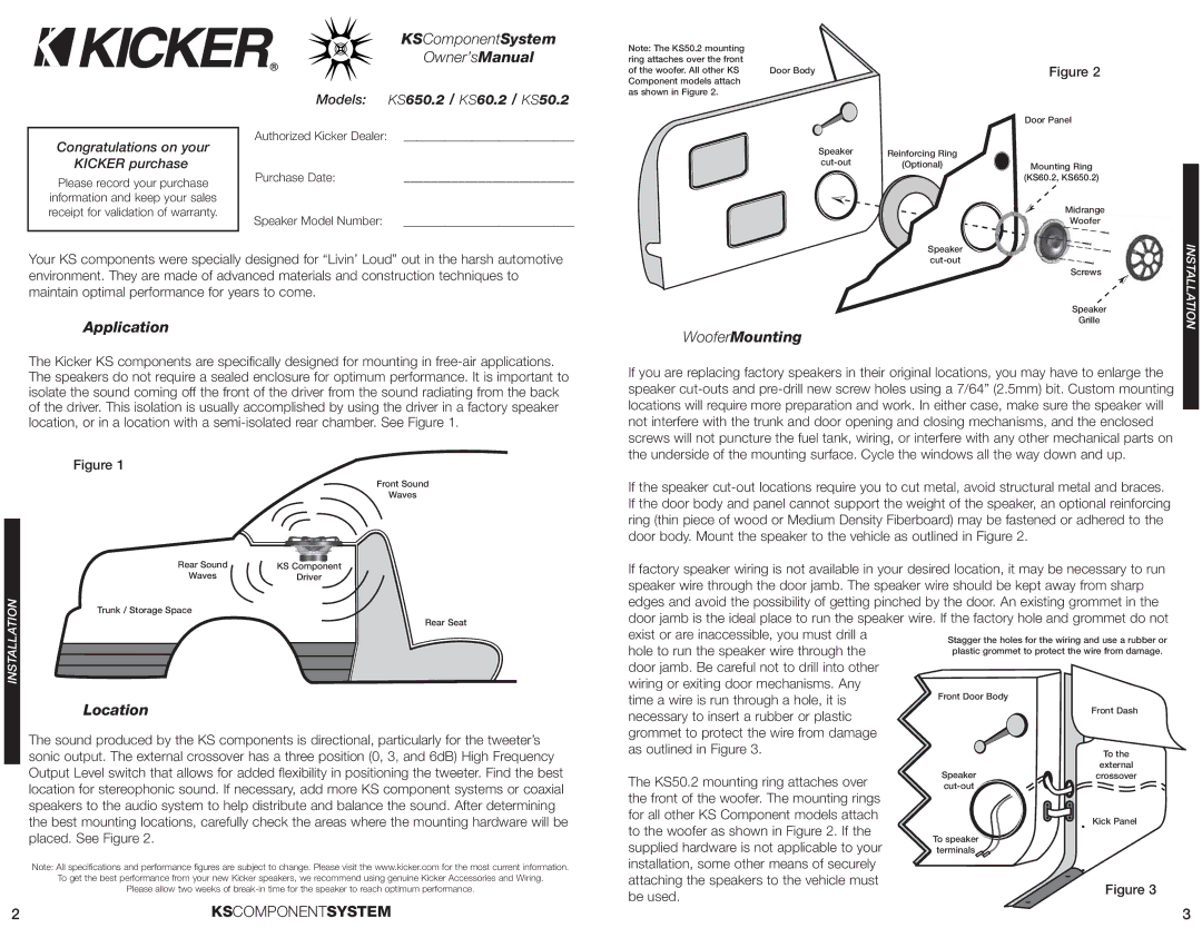 Kicker KS650.2, KS60.2, KS50.2 manual KSComponentSystem Owner’sManual, Application, WooferMounting, Location 