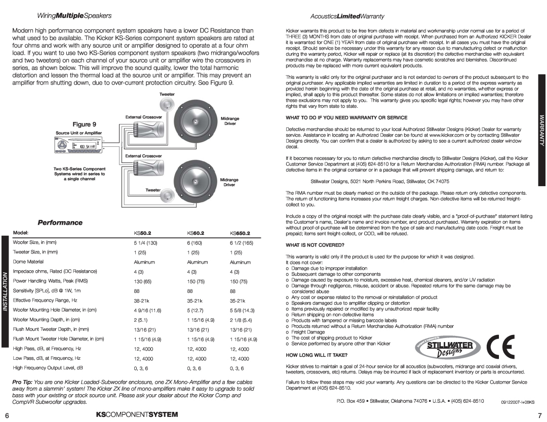 Kicker KS50.2 manual WiringMultipleSpeakers, Performance, AcousticsLimitedWarranty, Kscomponentsystem, KS60.2, KS650.2 