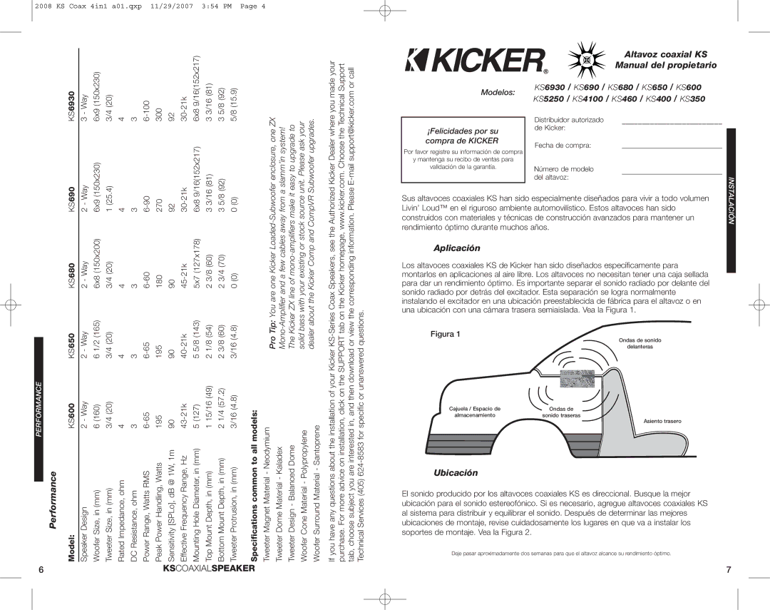 Kicker KS600, KS650, KS680, KS5250, KS460, KS690 ErformanceP, Altavoz coaxial KS Manual del propietario, Aplicación, Ubicación 