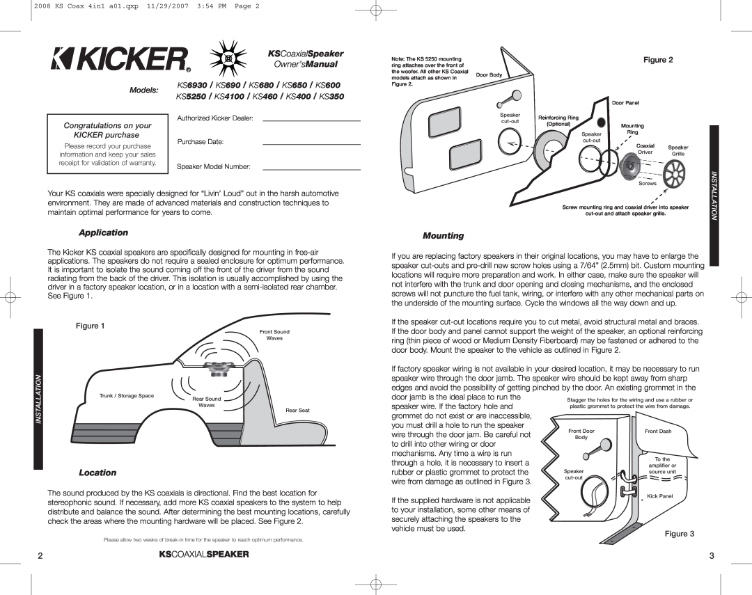 Kicker KS5250, KS650, KS680, KS460, KS600 KSCoaxialSpeaker, Application, Mounting, Location, Kscoaxialspeaker, Owner’sManual 