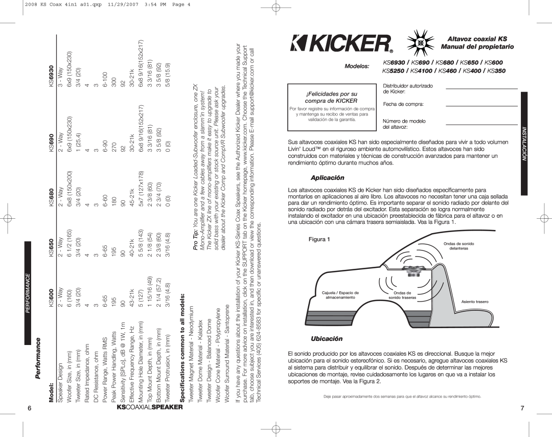 Kicker KS600 erformanceP, Altavoz coaxial KS, Manual del propietario, Aplicación, Ubicación, Kscoaxialspeaker, Performance 
