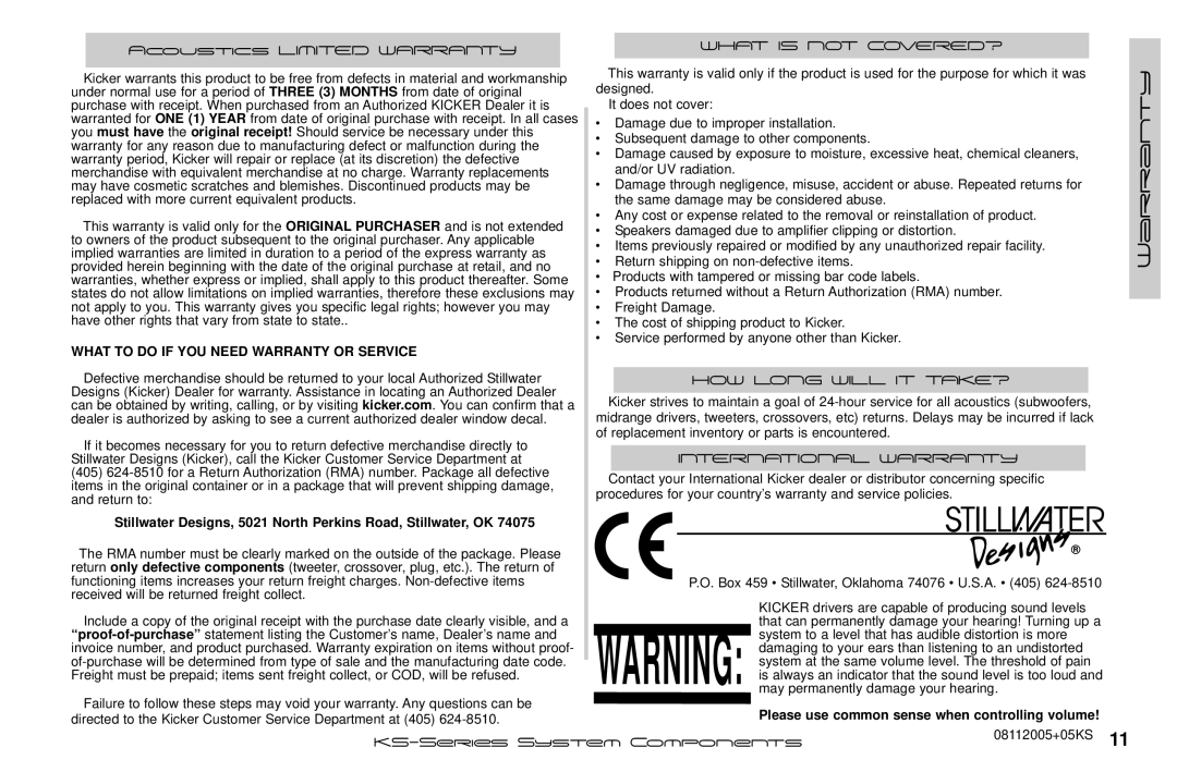 Kicker KS5.2, KS65.2, KS6.2 manual Warranty 