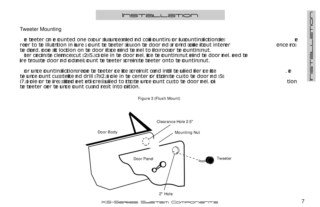 Kicker KS6.2, KS65.2, KS5.2 manual Tweeter Mounting, Flush Mount Clearance Hole Door Body Mounting Nut Door Panel 