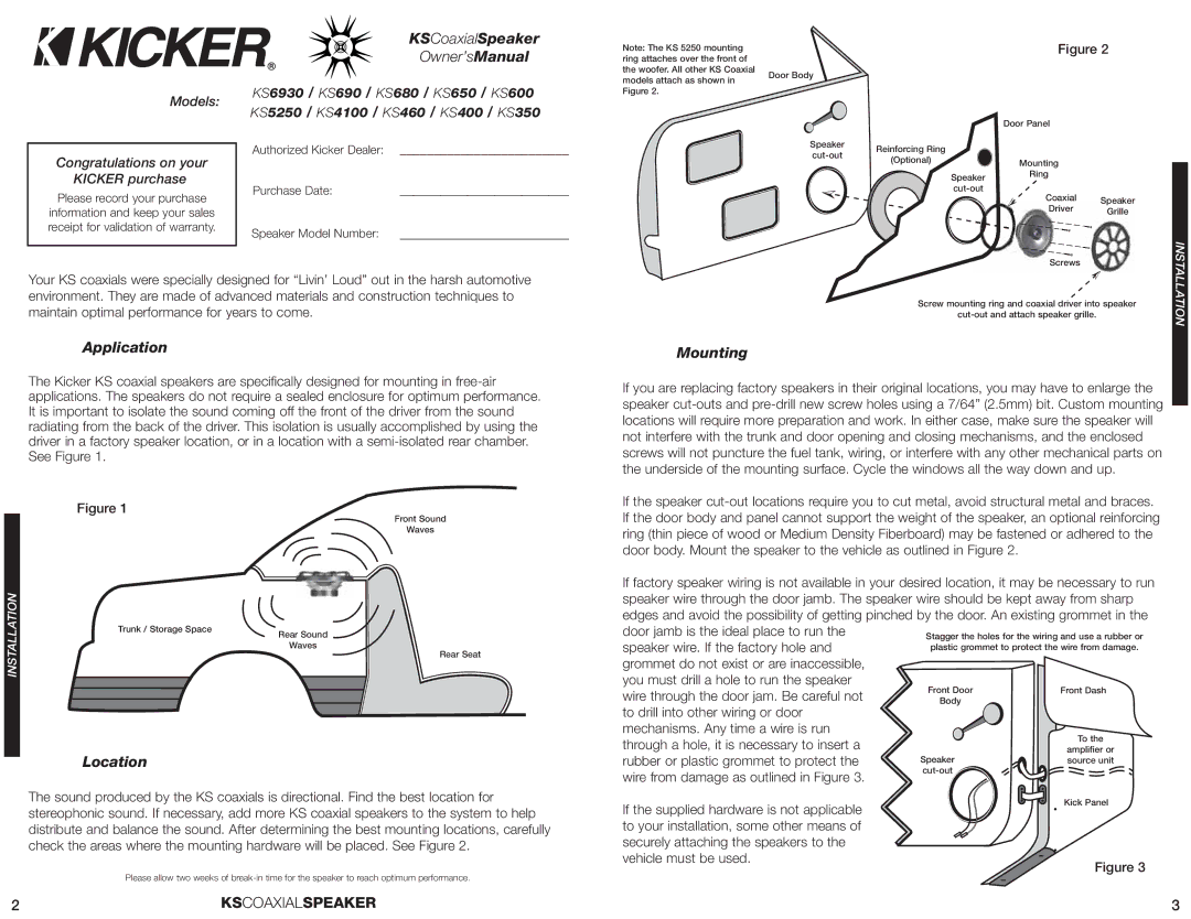 Kicker KS6930 manual KSCoaxialSpeaker, Application, Mounting, Location 