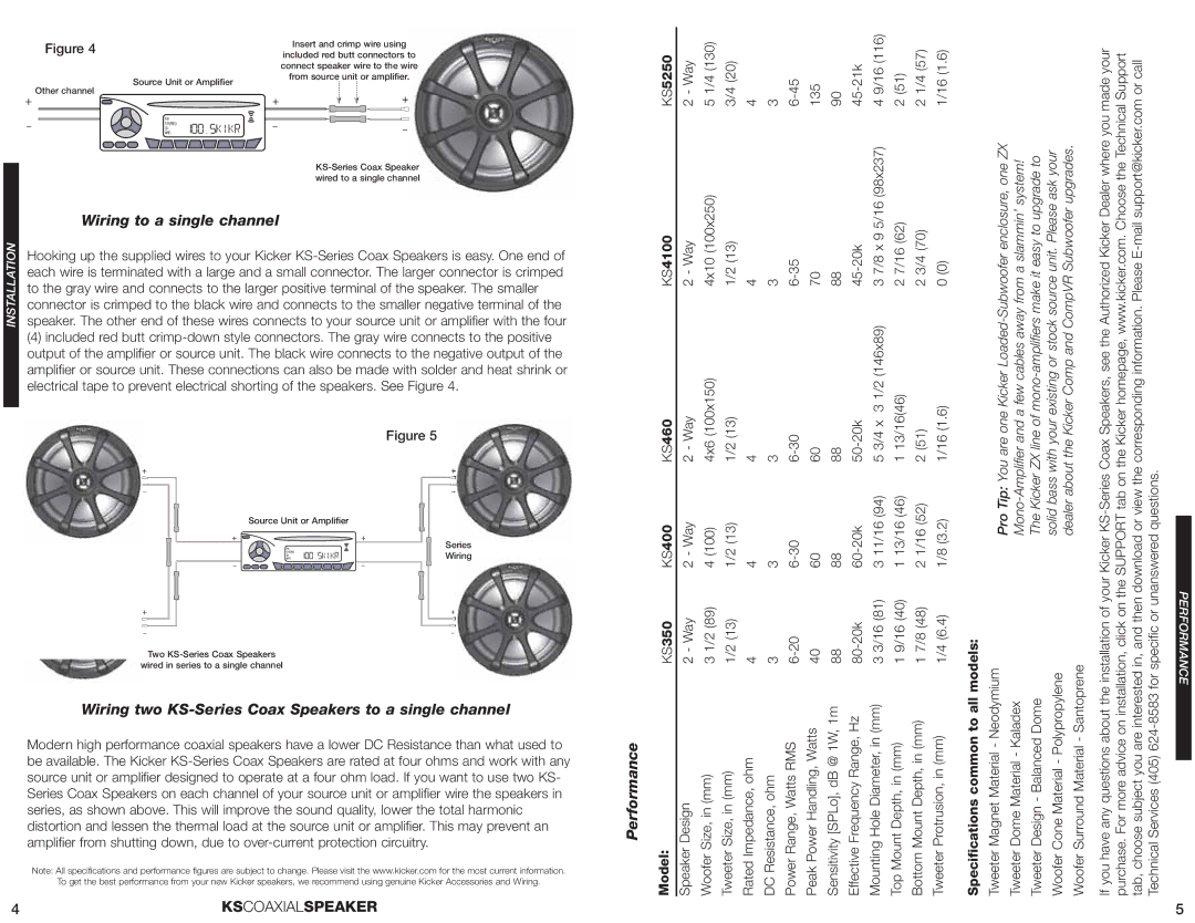 Kicker KS6930 manual Wiring to a single channel, Wiring two KS-Series Coax Speakers to a single channel, Performance 