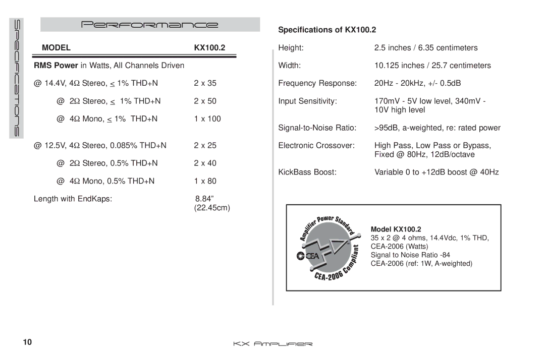 Kicker manual Performance, Specifications of KX100.2 