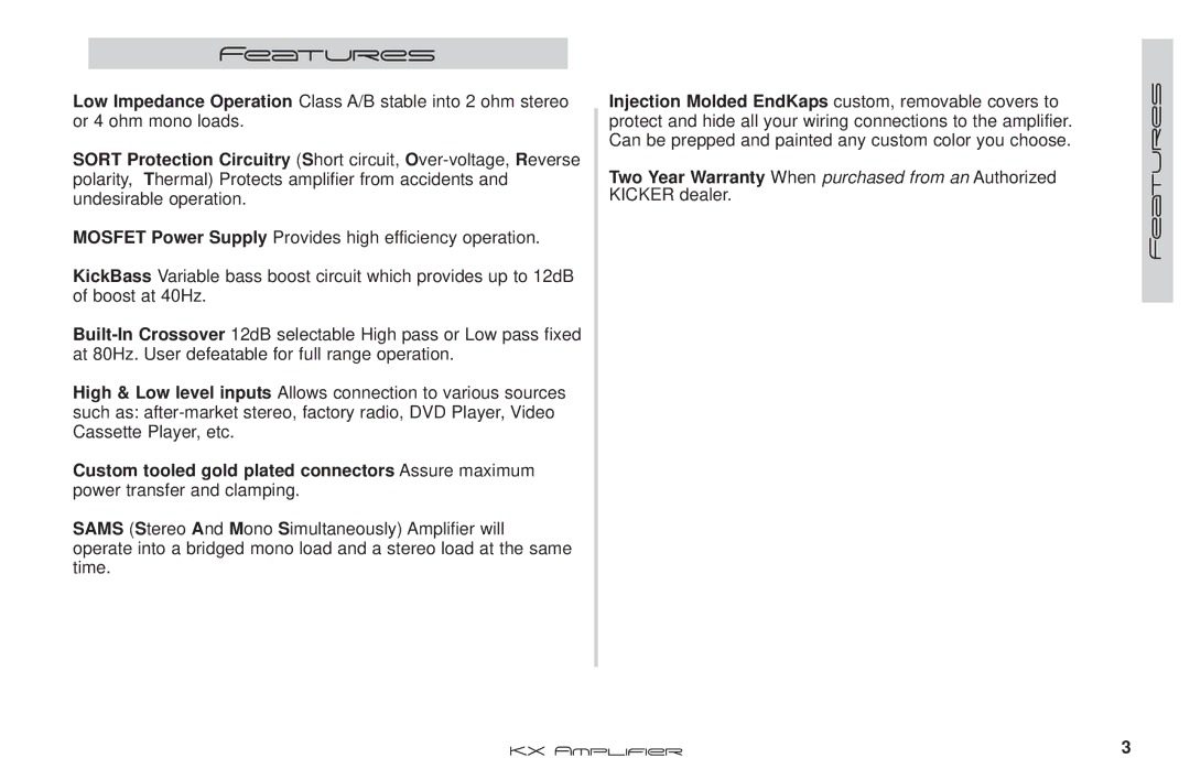 Kicker KX100.2 manual Features 