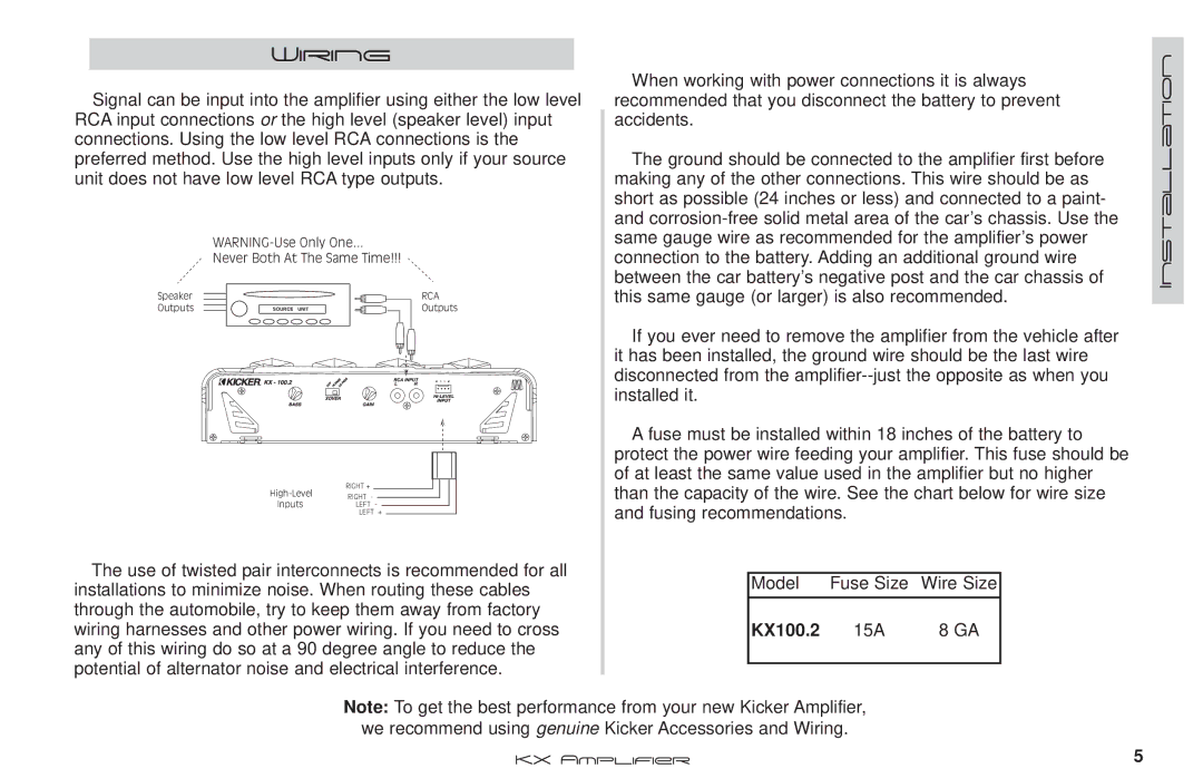 Kicker KX100.2 manual Wiring 